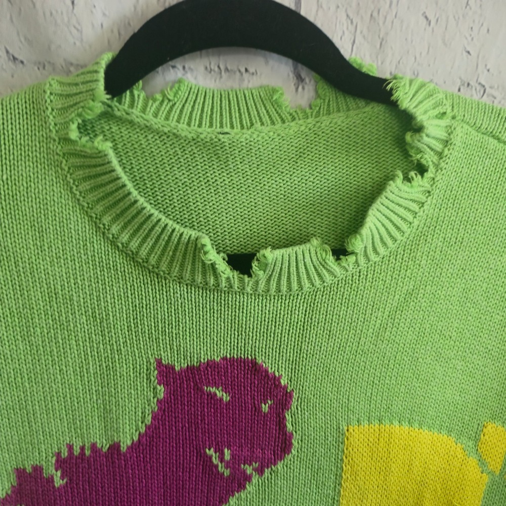 Teddy Fresh RARE Green Godzilla Colorblock Sweater Distressed Streetwear - Picture 9 of 16